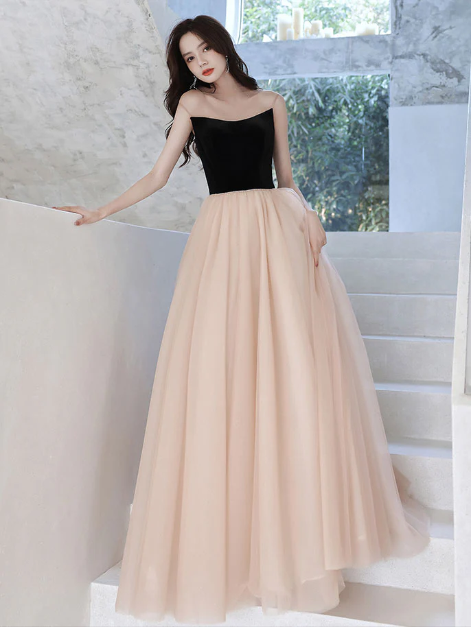 Simple Champagne Long Prom Dresses, Champagne Tulle Formal Dresses - Deanwangkt