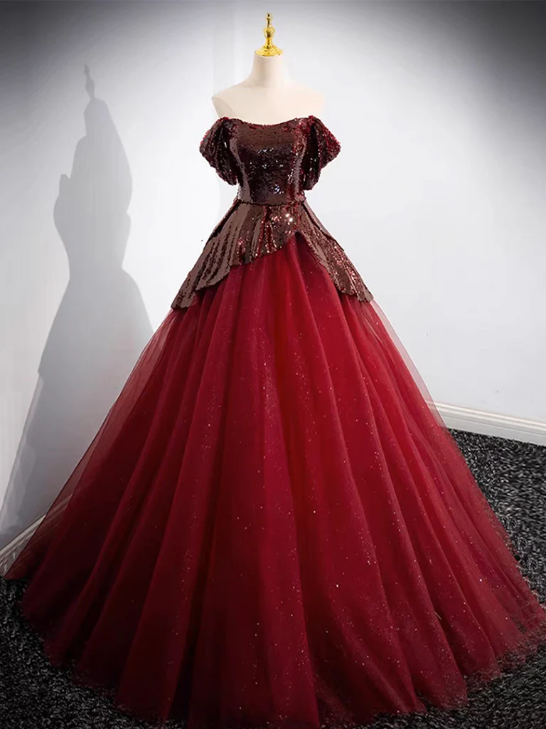 A-Line Tulle Sequin Burgundy Long Prom Dress, Off Shoulder Burgundy Formal Dress - Deanwangkt