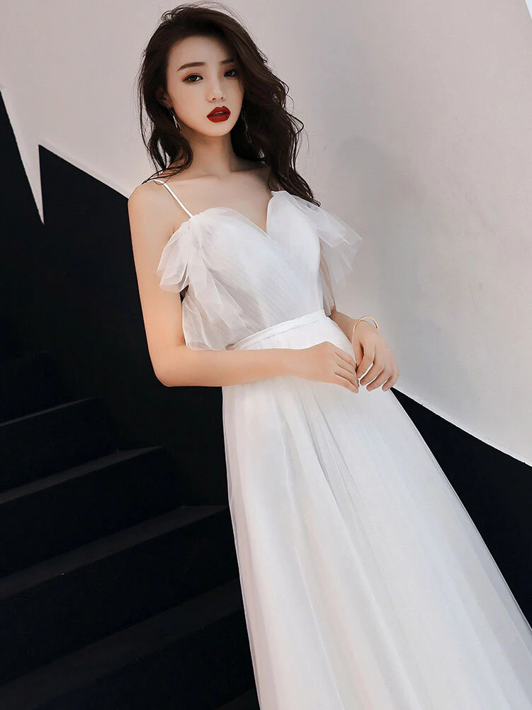 Simple White Sweetheart Neck Tulle Long Prom Dress, White Tulle Formal Dress - Deanwangkt