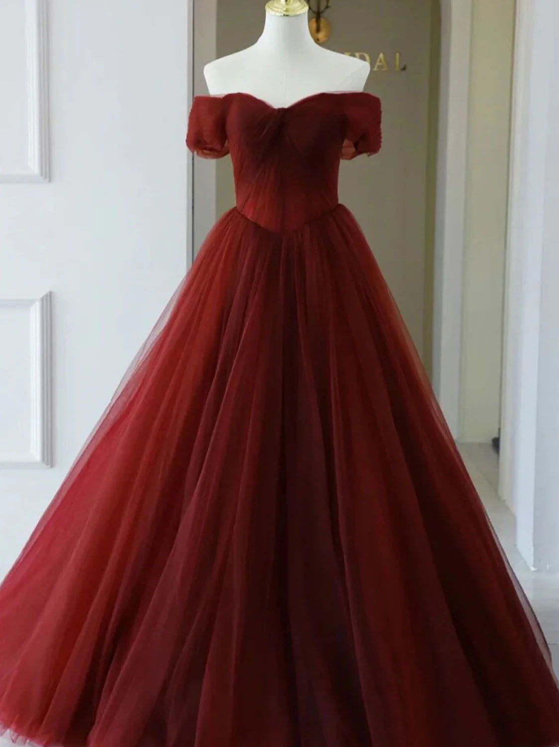 Burgundy A line Tulle Long Prom Dresses, Burgundy Long Bridesmaid Dresses - Deanwangkt