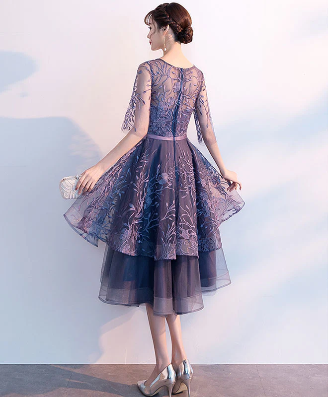 Purple Tulle Lace Short Prom Dresses, Scoop Neck Lace Purple Homecoming Dresses - Deanwangkt