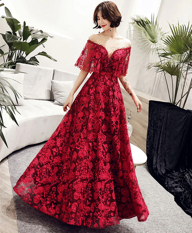 Burgundy Tulle Lace Long Prom Dress, Burgundy Lace Evening Dress - Deanwangkt