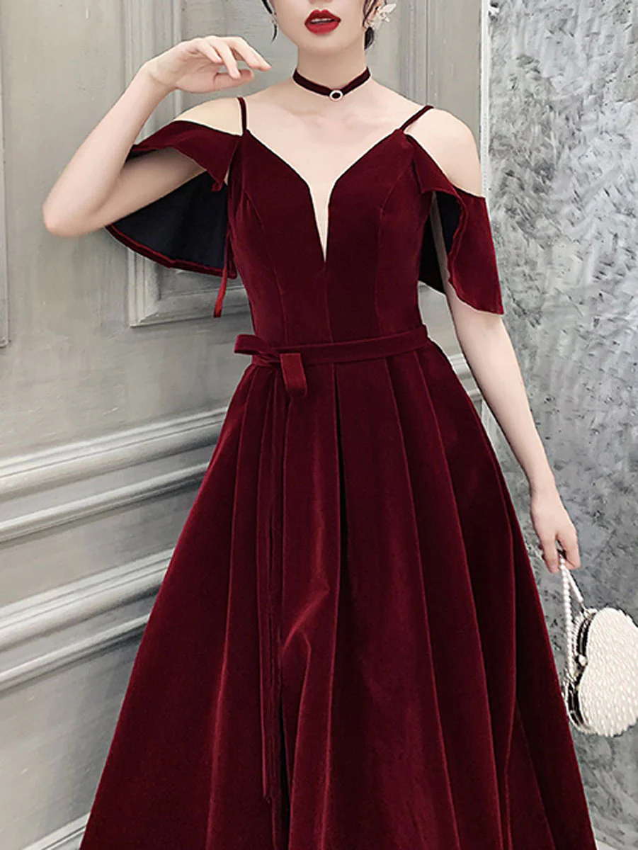 Burgundy Off Shoulder Velvet Long Prom Dress, Burgundy Formal Evening Dresses - Deanwangkt