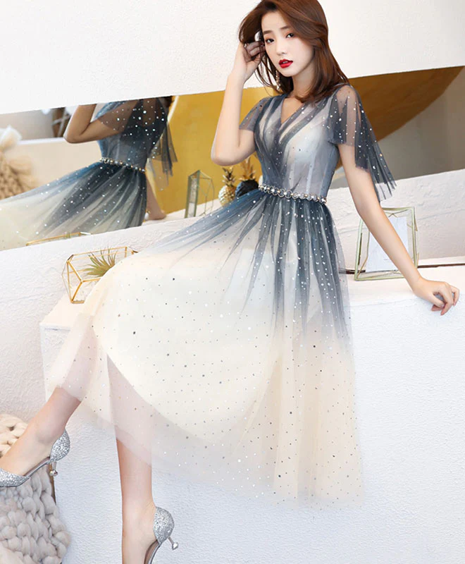 Blue Tulle Sequin Short Prom Dress, Homecoming Dresses - Deanwangkt