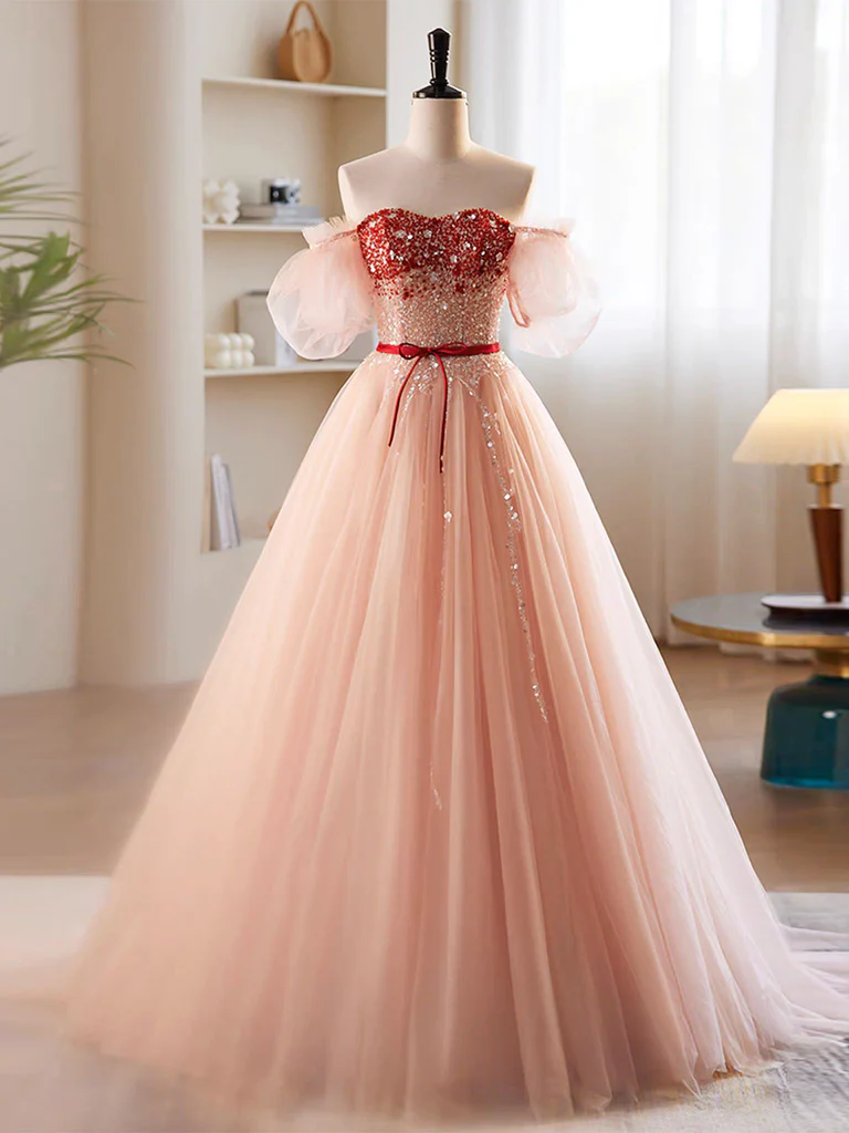 A-Line Sweetheart Neck Sequin Tulle Pink Long Prom Dress, Pink Formal Dress - Deanwangkt