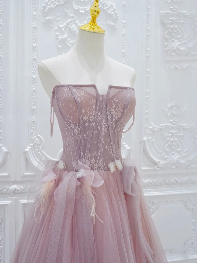 A-Line Tulle Lace Pink Long Prom Dress, Pink Tulle Lace Long Formal Dress - Deanwangkt