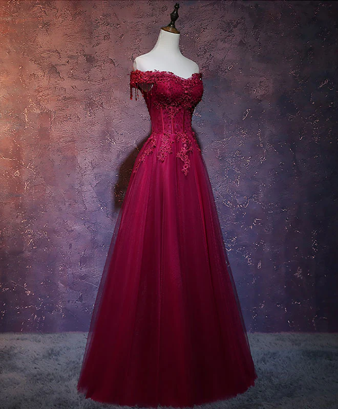 Burgundy Tulle Lace Off Shoulder Long Prom Dress Burgundy Lace Evening Dress - Deanwangkt