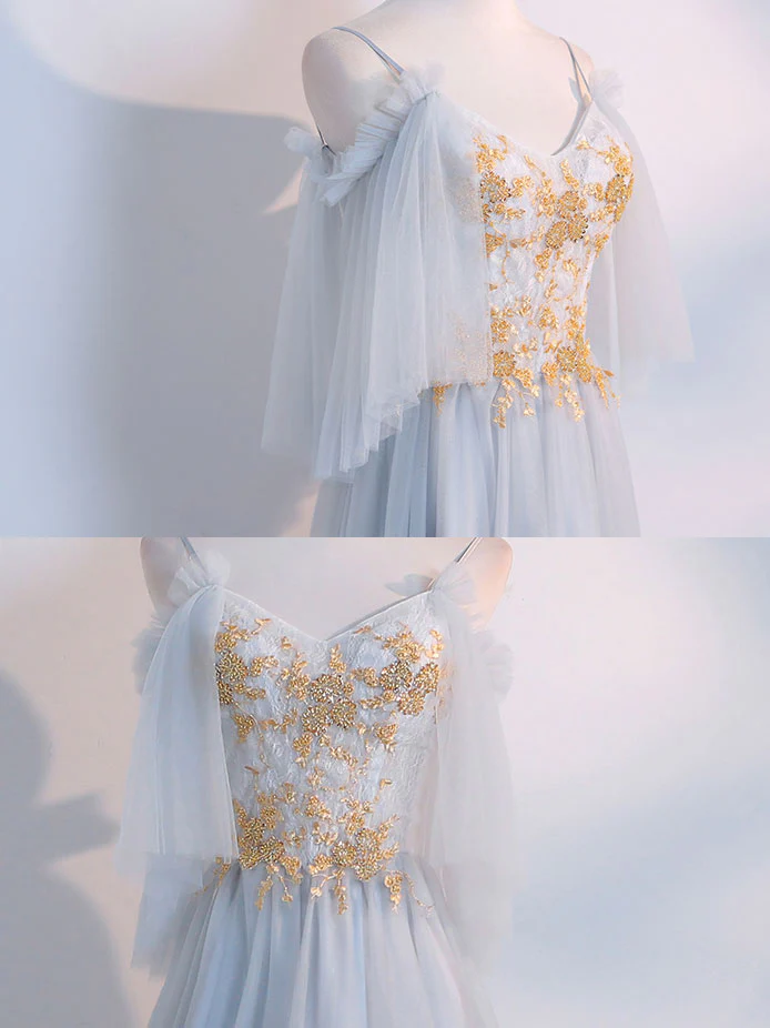 Simple Tulle Lace Gray Prom Dresses, Tea Length Lace Bridesmaid Dresses - Deanwangkt