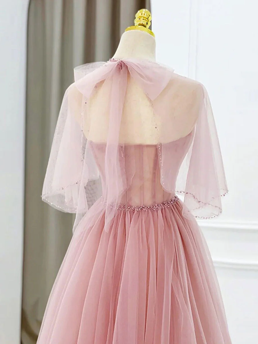 Pink Tulle Tea Length Prom Dress, Pink Tulle Formal Dress - Deanwangkt