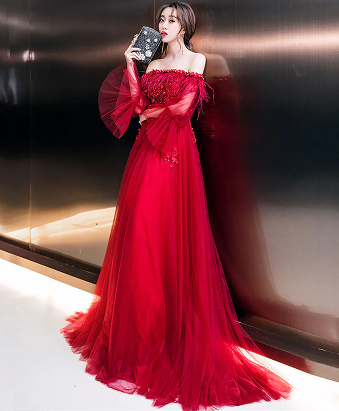 Burgundy Tulle Long Prom Dress, Burgundy Tulle Formal Dress - Deanwangkt