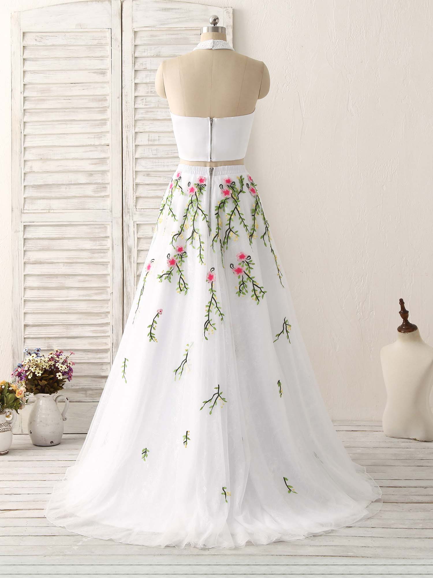 White Two Pieces Lace Applique Long Prom Dress, Evening Dress - Deanwangkt