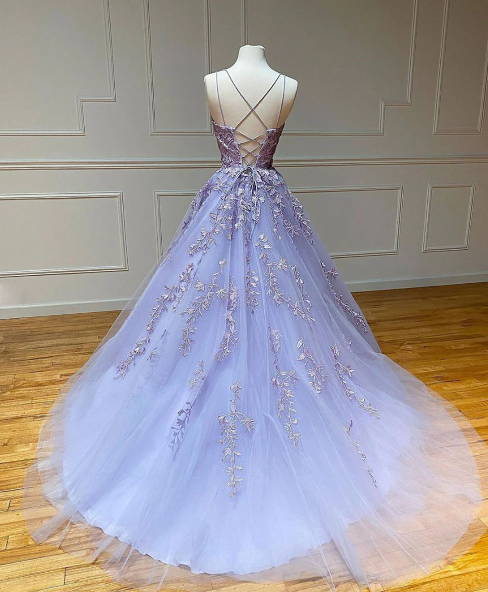 Purple Tulle Lace Long Prom Gown, Lace Tulle Purple Graduation Dresses - Deanwangkt