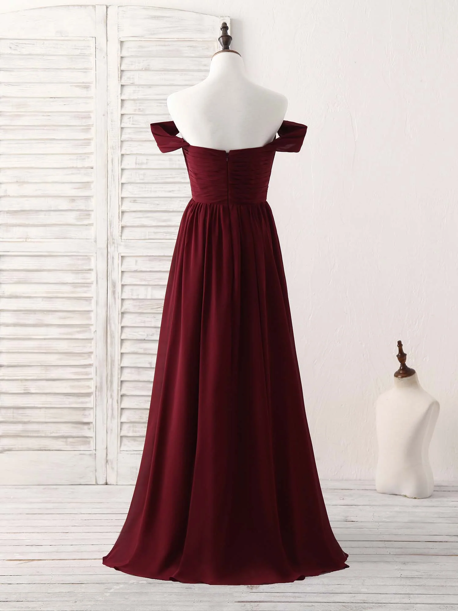 Burgundy Chiffon Off Shoulder Long Prom Dress Burgundy Bridesmaid Dress - Deanwangkt