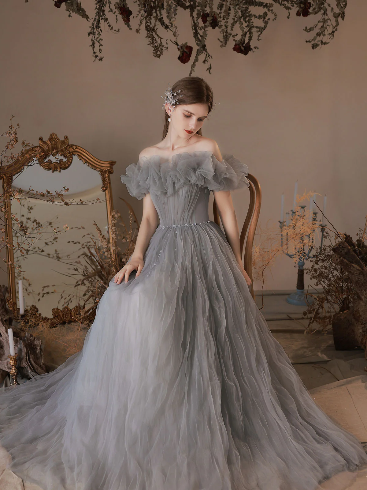 Gray Tulle Off Shoulder Long Prom Dress, Gray Tulle Formal Dress - Deanwangkt