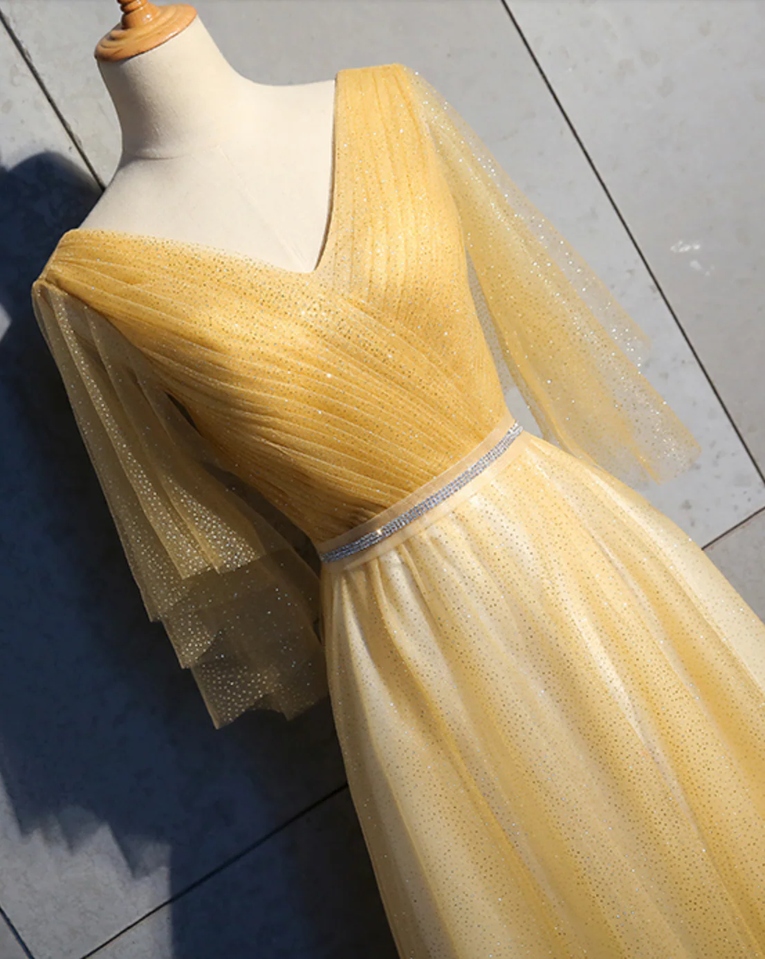 Simple V Neck Tulle Sequin Long Prom Dress, A line Tulle Evening Dresses - Deanwangkt