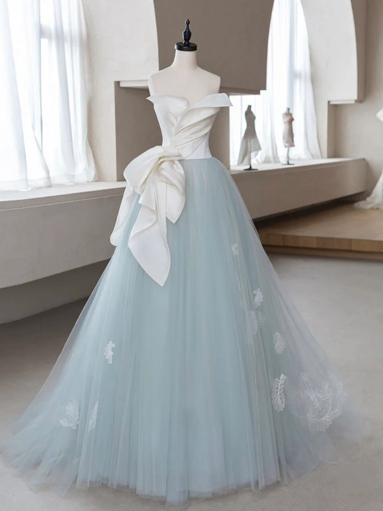 A-Line Blue Tulle Lace Applique Long Prom Dress, Blue Long Formal Dress - Deanwangkt