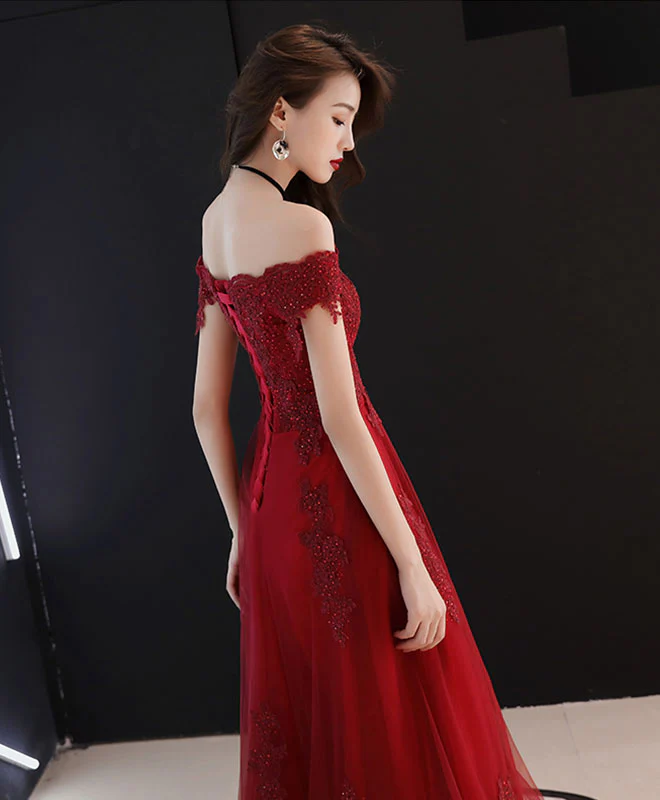 Burgundy Tulle Off Shoulder Lace Tea Length Prom Dress Lace Evening Dress - Deanwangkt