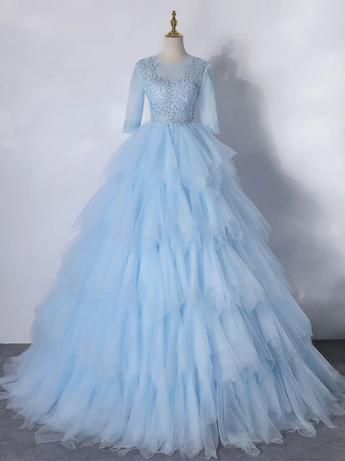 Blue A-Line Tulle Lace Long Prom Dress, Blue Lace Formal Evening Dresses - Deanwangkt