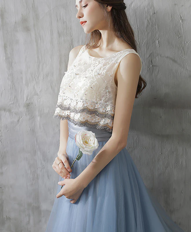 Gray Blue Two Pieces Tulle Long Prom Dress, Gray Blue Evening Dress - Deanwangkt