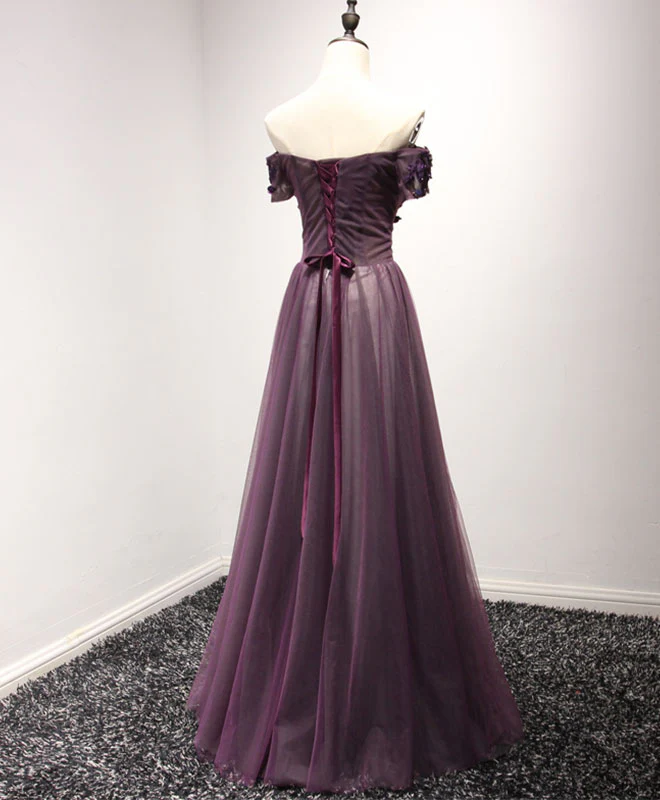 Purple Tulle Lace Off Shoulder Long Prom Dress, Purple Evening Dress - Deanwangkt