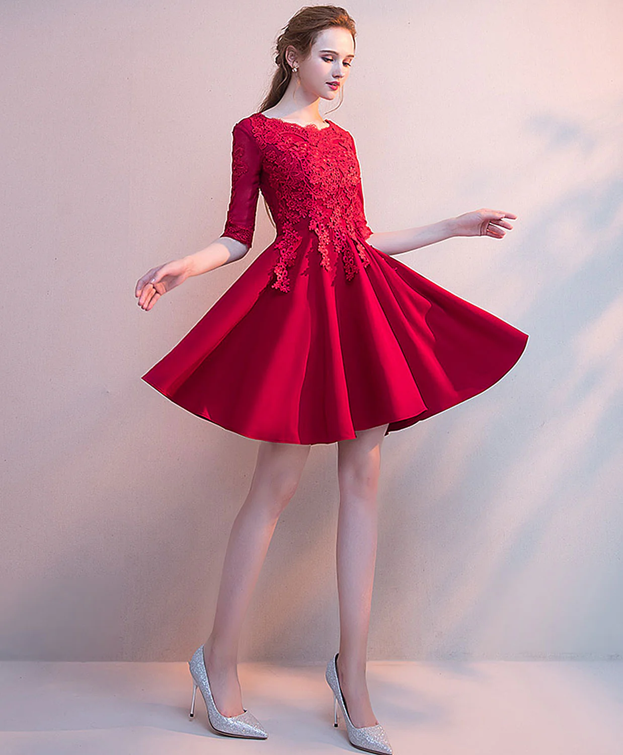 Burgundy Tulle Lace Short Prom Dress, Burgundy Homecoming Dress - Deanwangkt