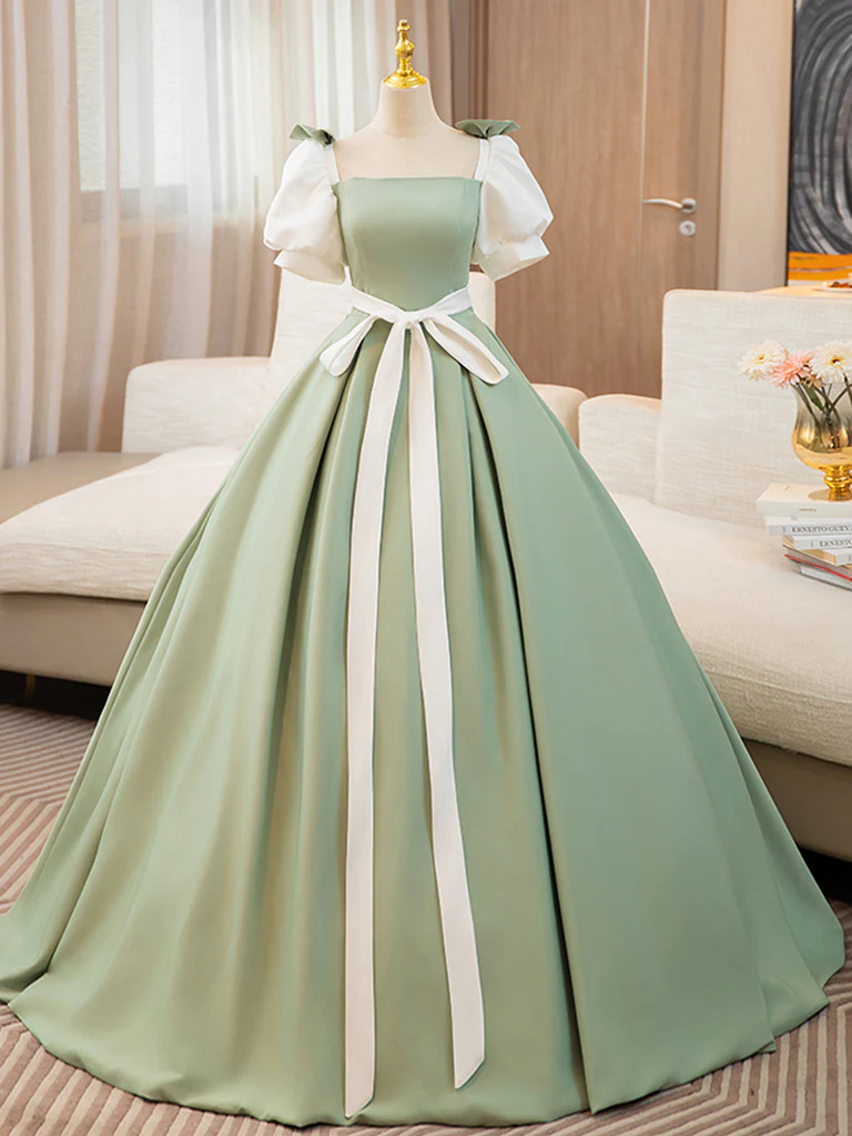 Puff  Sleeves A-line Satin Green/White Long Prom Dress, Green Long Formal Dress - Deanwangkt