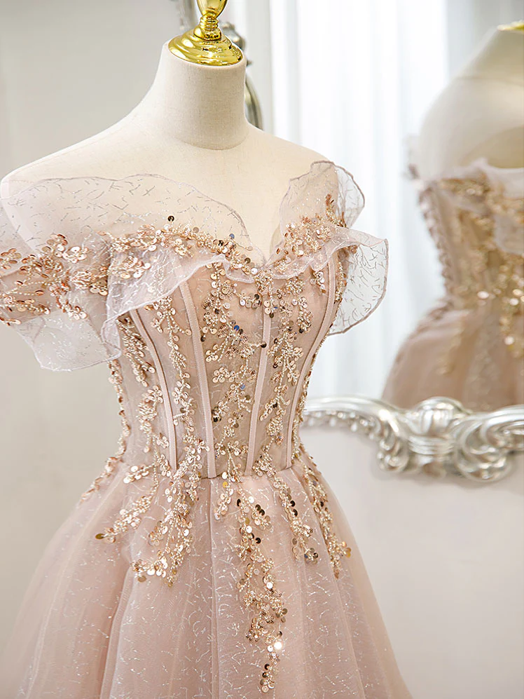 Champagne Tulle Lace A line Long Prom Dress, Lace Champagne Evening Dress - Deanwangkt