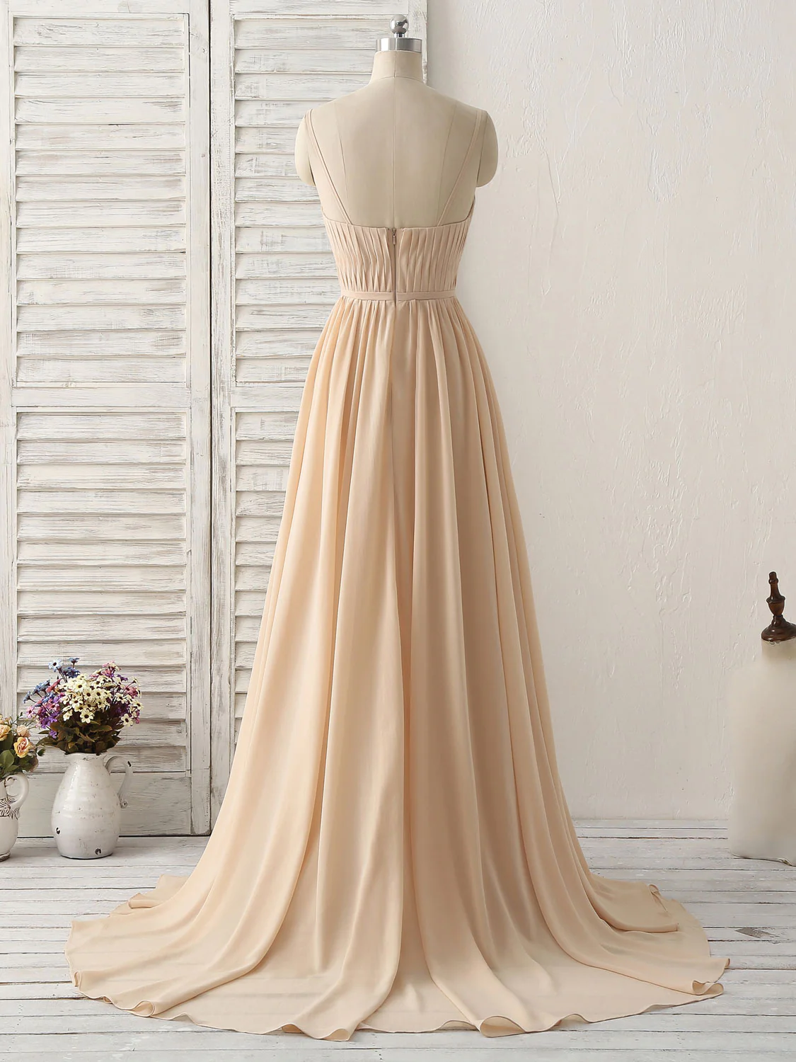 Simple Champagne Long Prom Dresses V Neck Chiffon Bridesmaid Dress - Deanwangkt