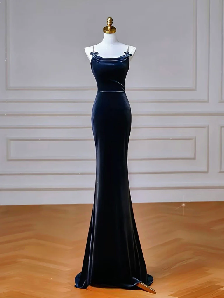 Simple Mermaid Velvet Dark Blue Long Prom Dress, Dark Blue Long Formal Dress - Deanwangkt