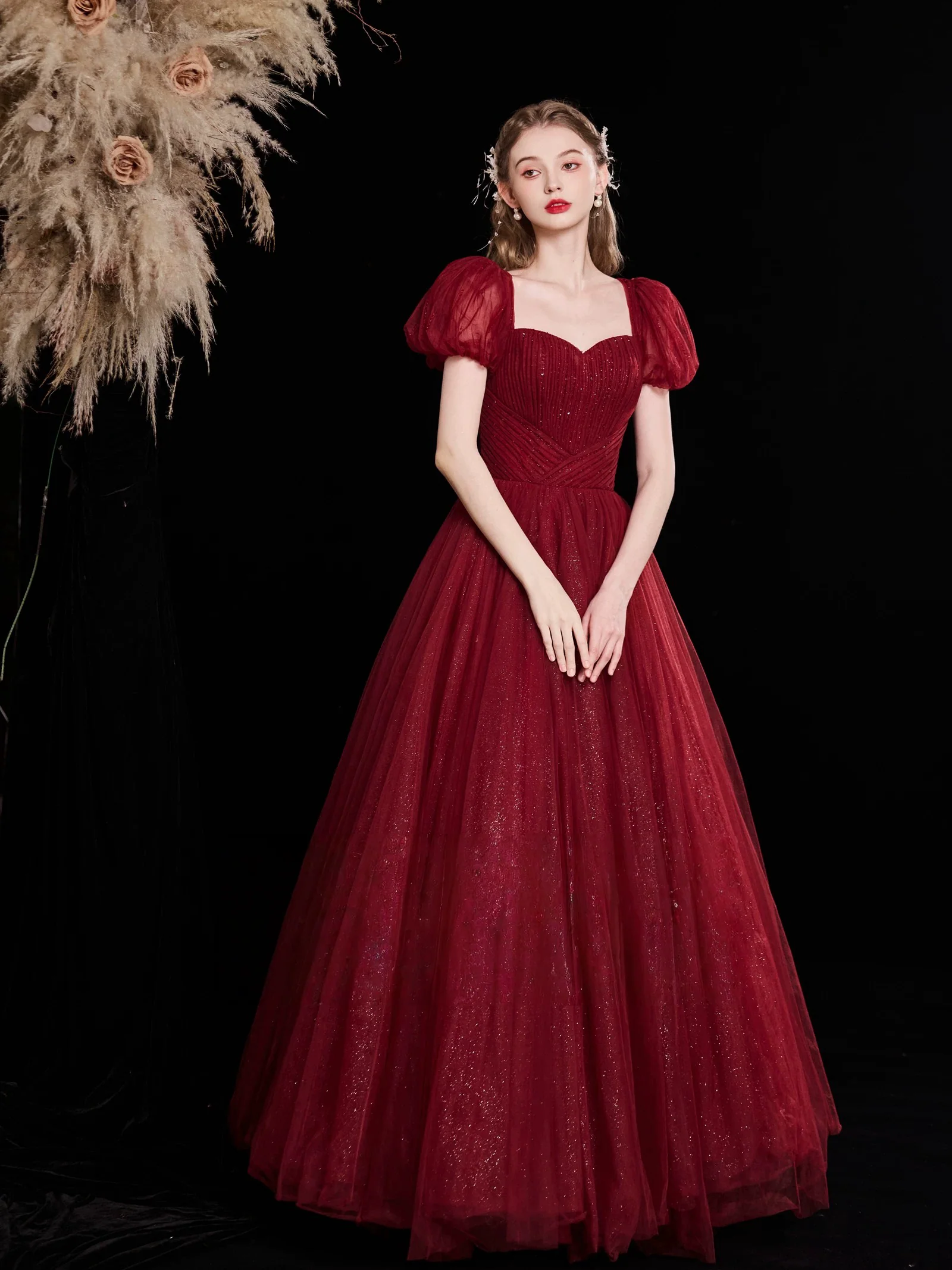 A-Line Puff Sleeves Tulle Burgundy Long Prom Dress, Burgundy Long Evening Dress - Deanwangkt