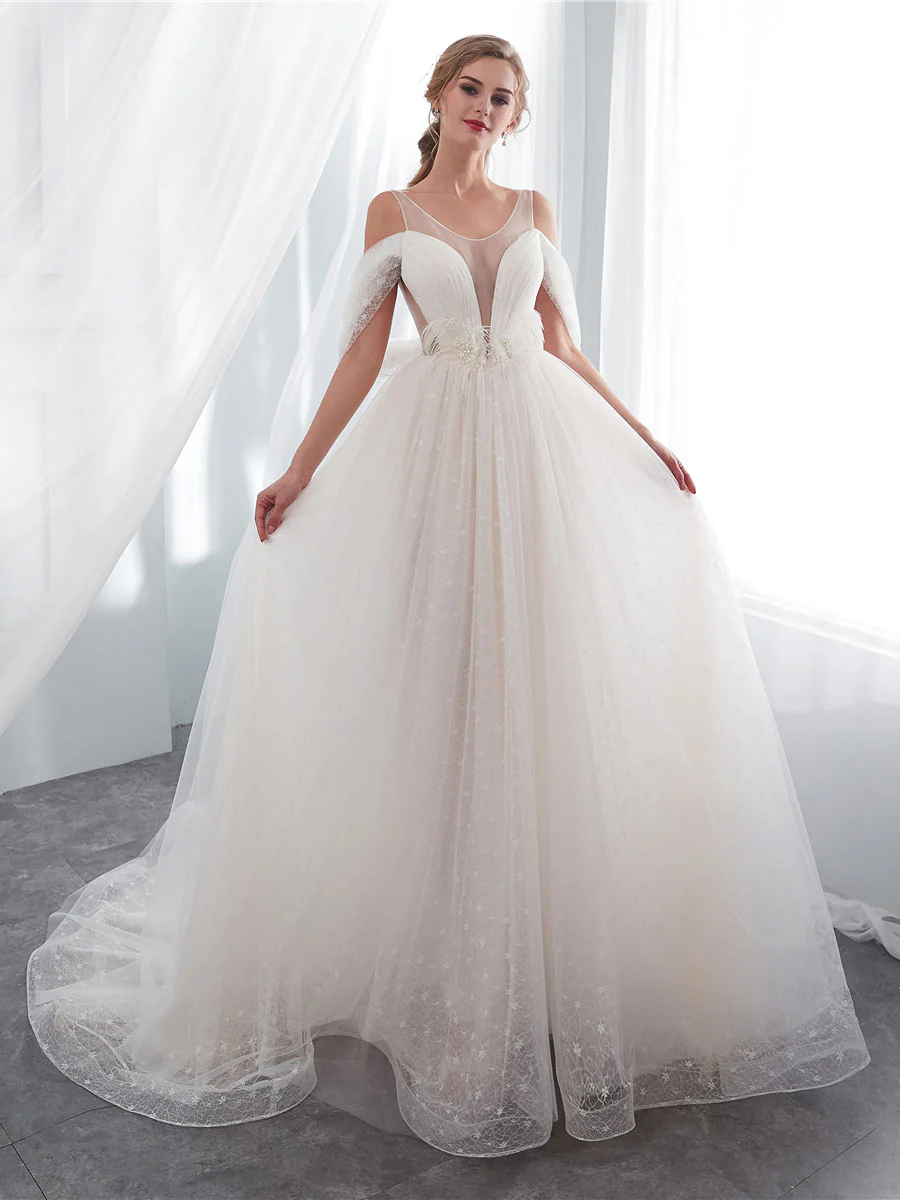 Light Champagne Tulle Lace Long Beach Wedding Dress Bridal Dresses - Deanwangkt