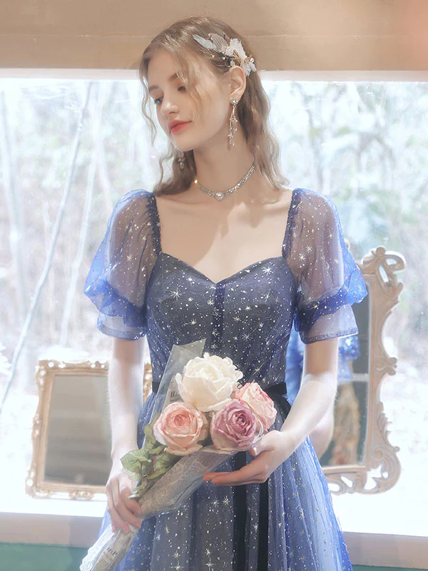 A-line Tulle Starry Blue Long Prom Dress, Blue Formal Graduation Dresses - Deanwangkt