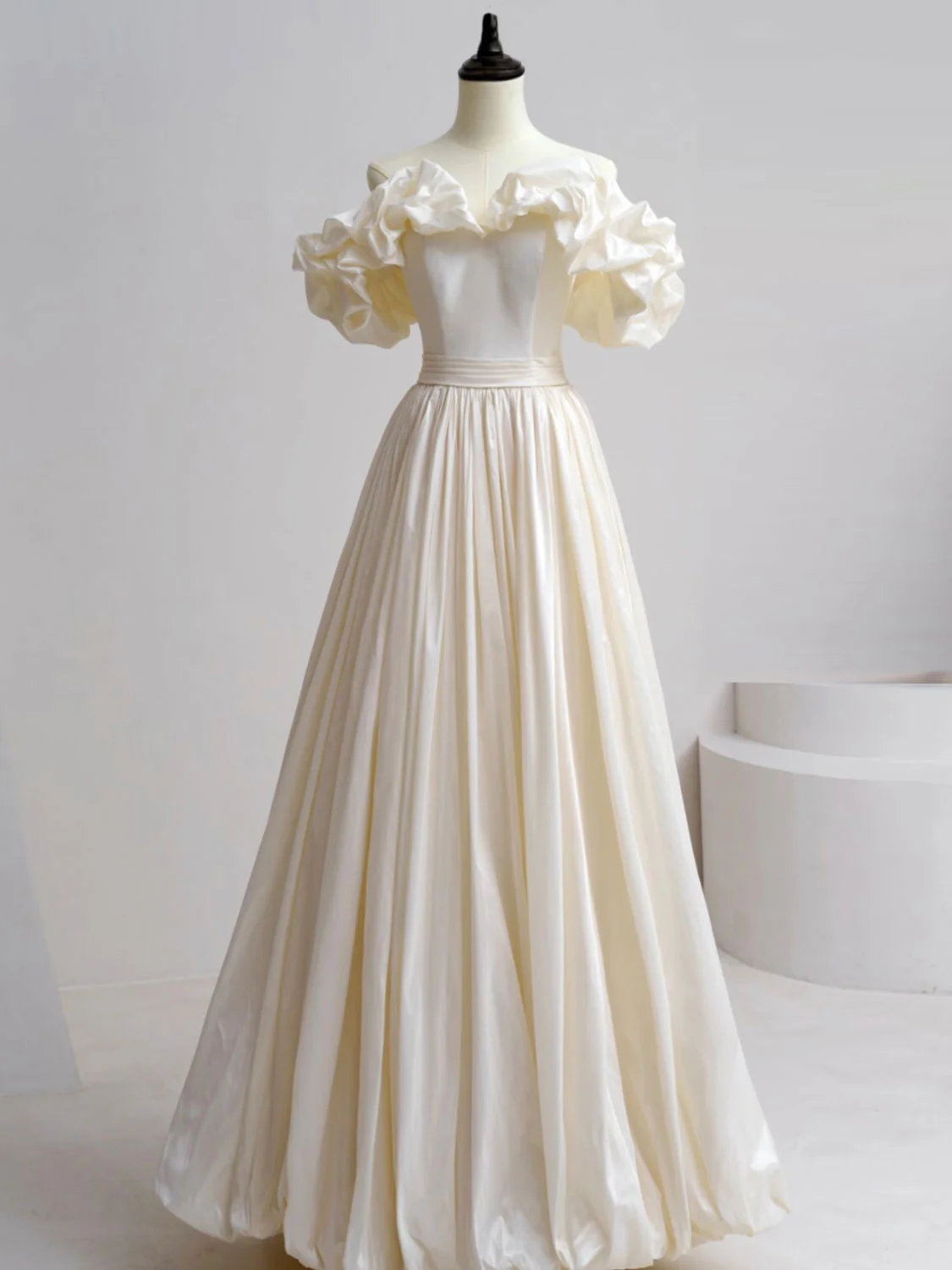 A-Line Off Shoulder Beige Taffeta Long Prom Dresses, Beige Formal Evening Dress - Deanwangkt