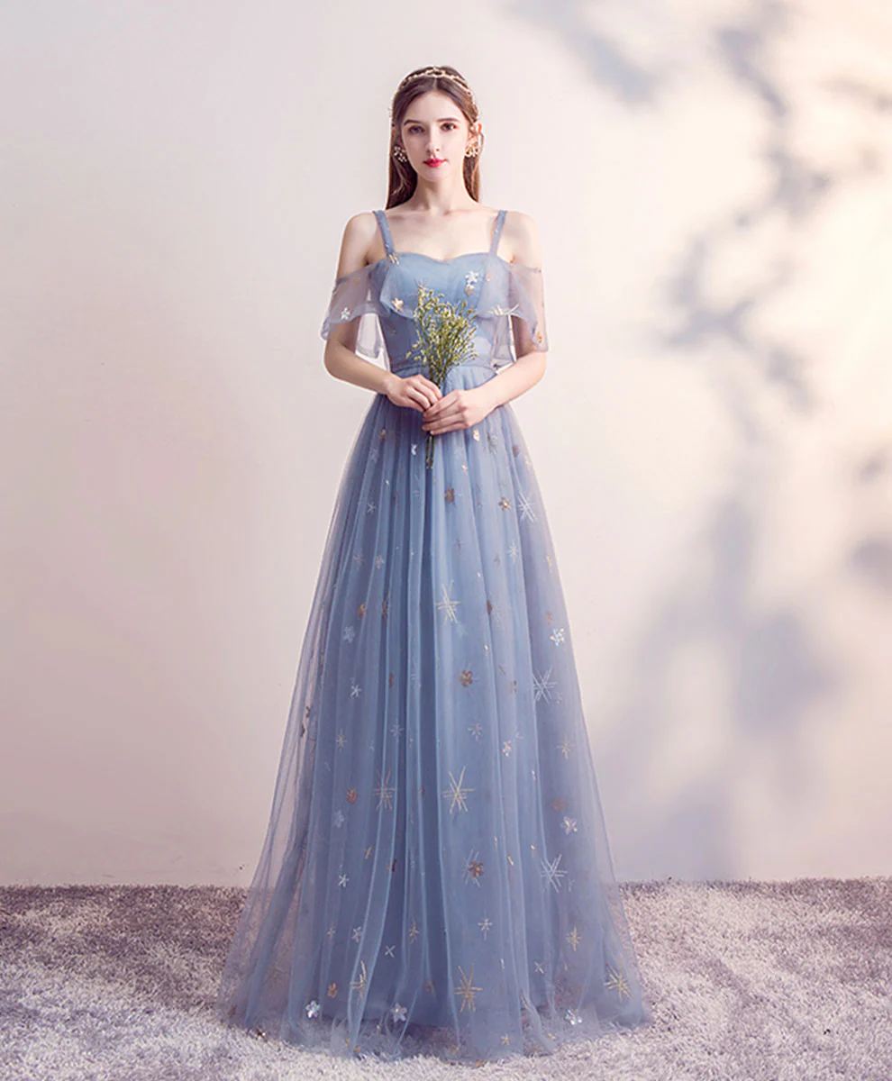 Blue Tulle Long Prom Dress, Blue Aline Bridesmaid Dress - Deanwangkt