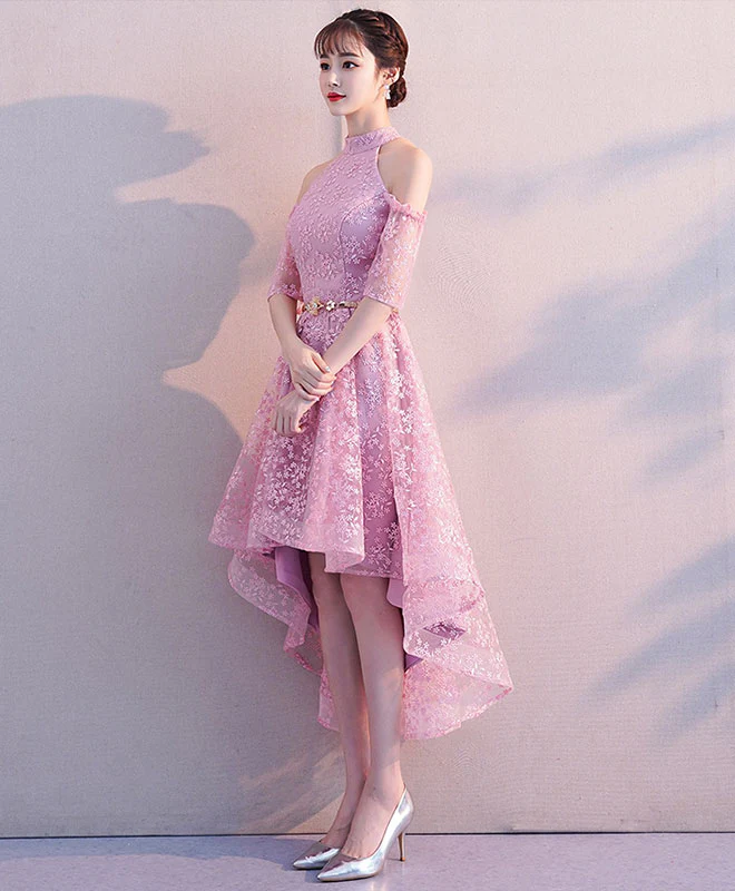 Pink high neck lace short prom dress, pink homecoming dress - Deanwangkt