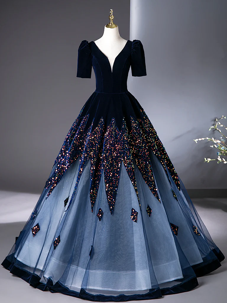 A-Line V Neck Velvet Tulle Dark Blue Long Prom Dress, Dark Blue Long Evening Dress - Deanwangkt