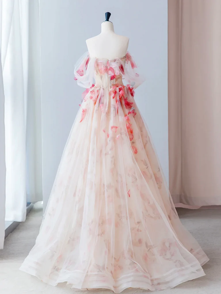 A-Line Tulle Applique Light Champagne Long Prom Dress, Light Champagne Formal Dress - Deanwangkt