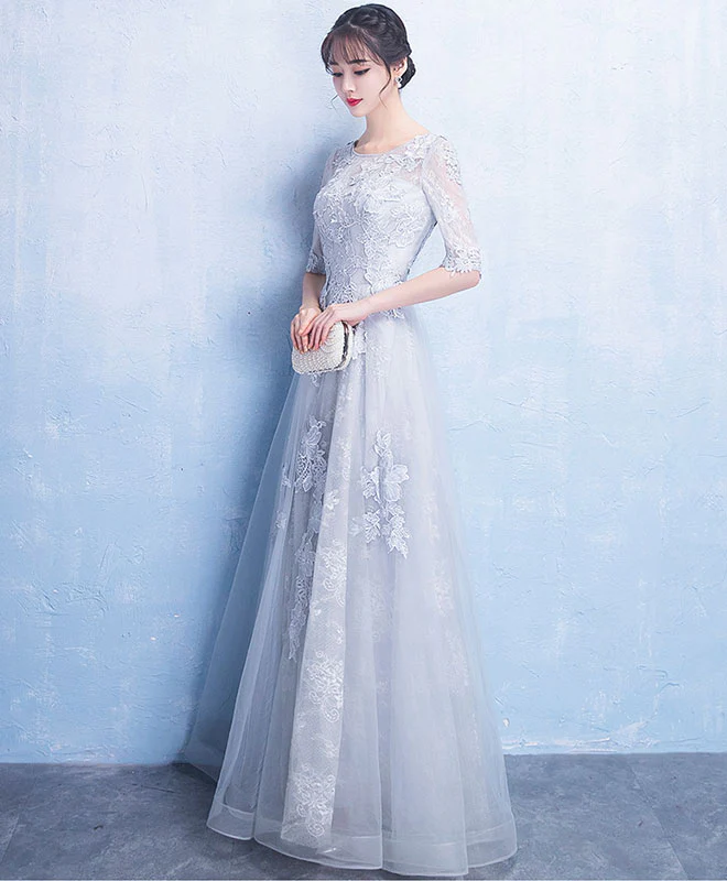 Gray Round Neck Tulle Lace Long Prom Dress, Gray Evening Dress - Deanwangkt