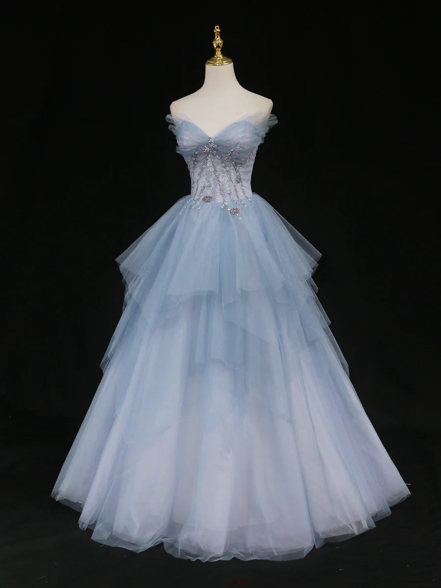 Blue Sweetheart Neck Tulle Long Prom Gown, Blue Long Formal Graduation Dress - Deanwangkt