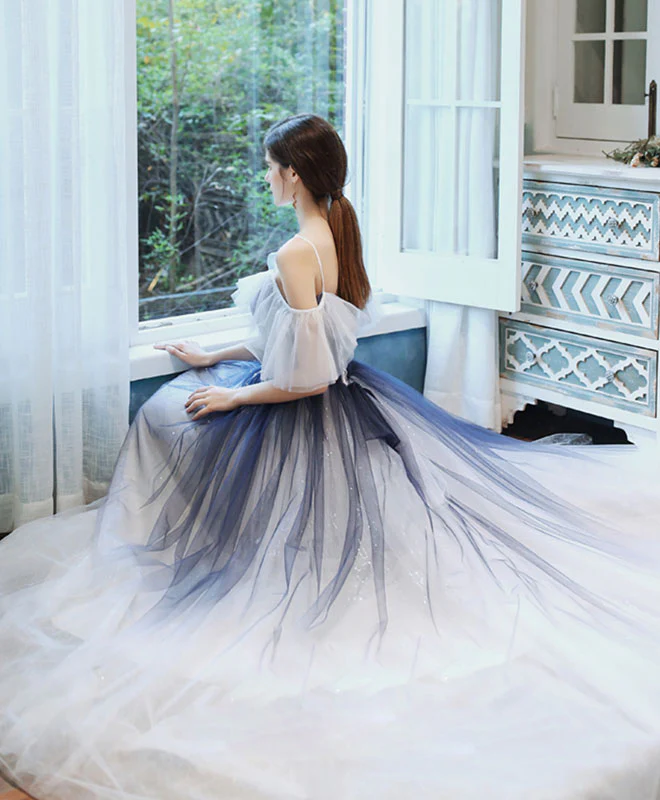 Unique Sweetheart Tulle Blue Long Prom Dress Blue Tulle Evening Dress - Deanwangkt