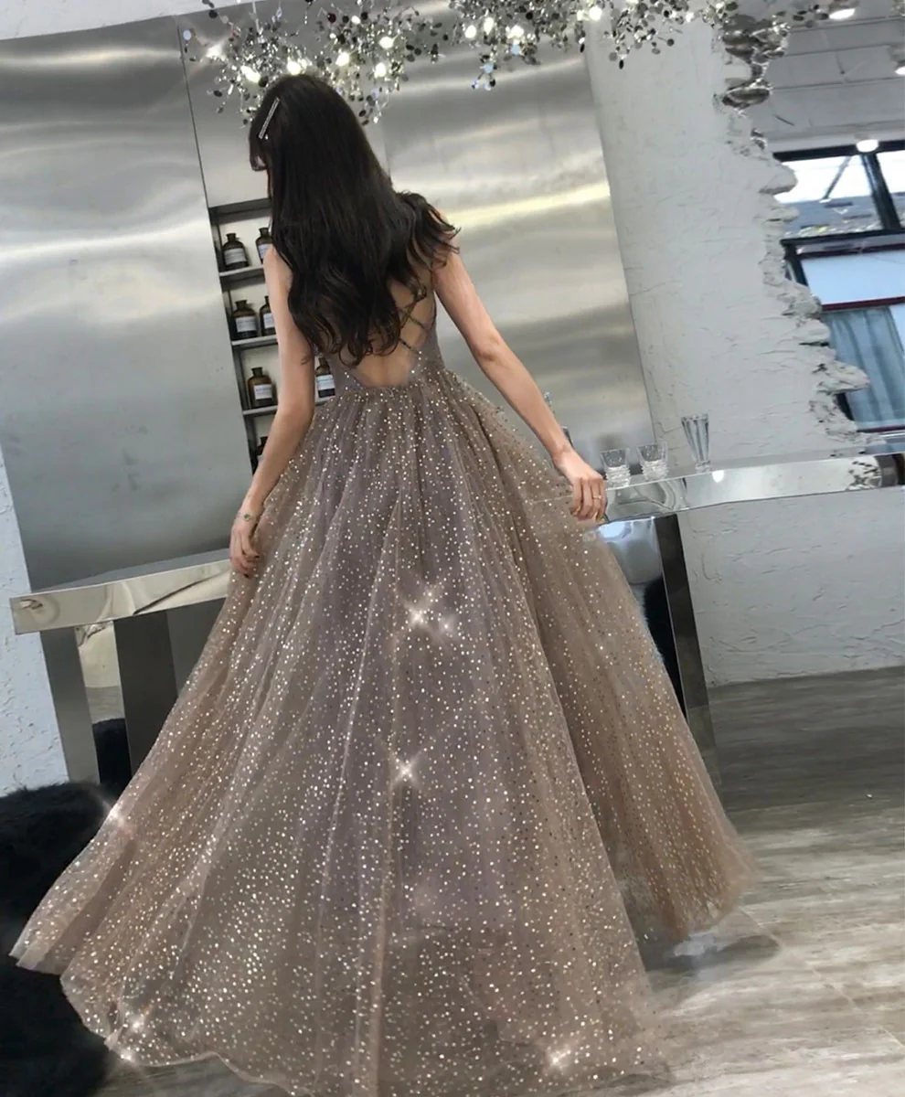 Simple Champagne V Neck Tulle Sequin Long Prom Dress Formal Dress - Deanwangkt