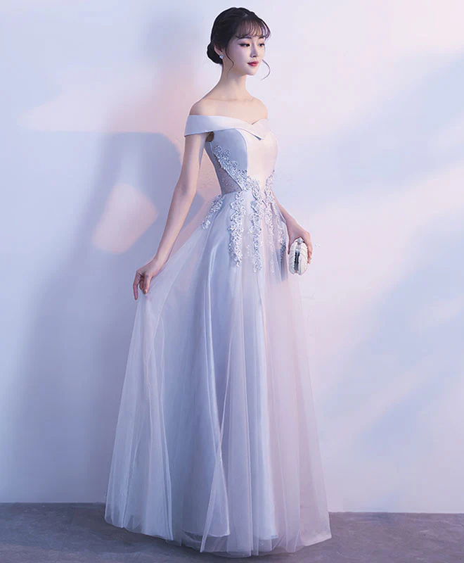 Gray Tulle Lace Off Shoulder Long Prom Dress, Evening Dress - Deanwangkt