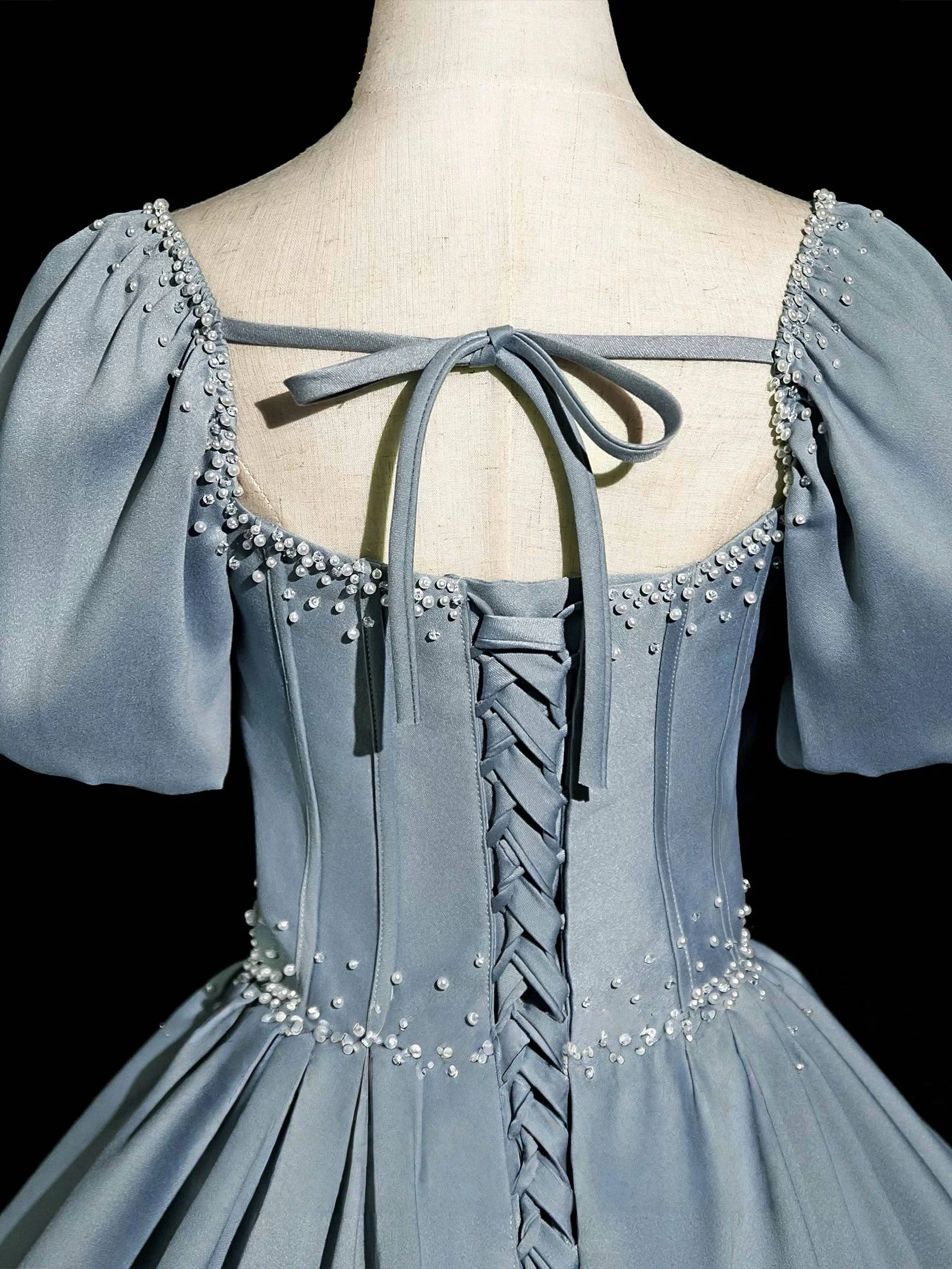 A-Line Sweetheart Neck Satin Gray Blue Long Prom Dress, Gray Blue Long Formal Dress - Deanwangkt