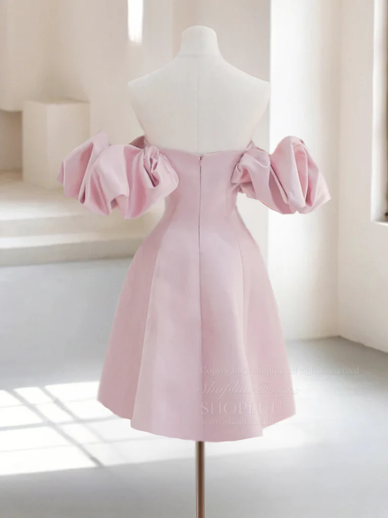 A-Line Off Shoulder Satin Pink Short Prom Dress, Pink Homecoming Dress - Deanwangkt