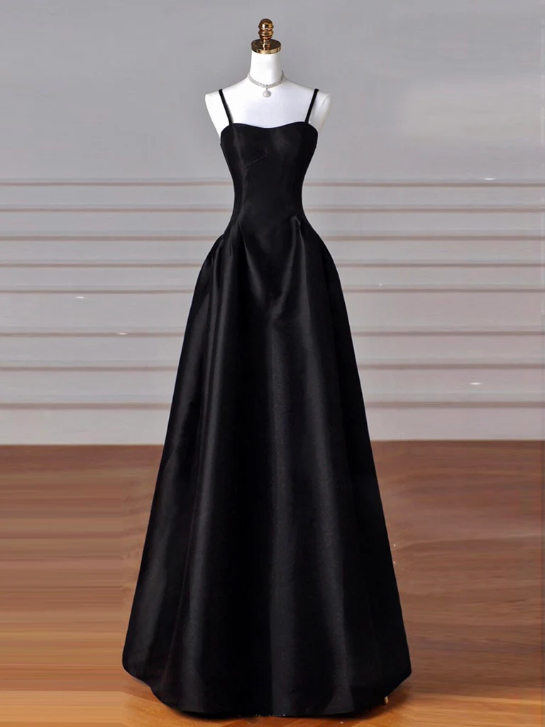 A-Line  Satin Black Long Prom Dress, Black Long Evening Dress - Deanwangkt