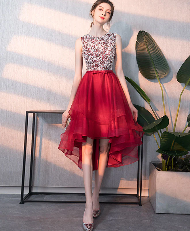 Burgundy Tulle Round Neck Sequin Short Prom Dress, Burgundy Homecoming Dress - Deanwangkt