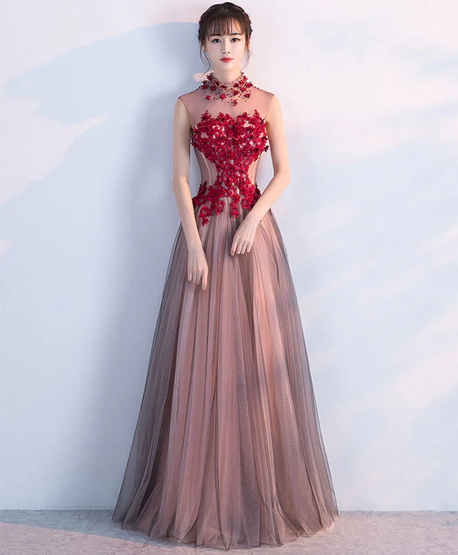 Burgundy Tulle Lace Long Prom Dress, Burgundy Evening Dress - Deanwangkt