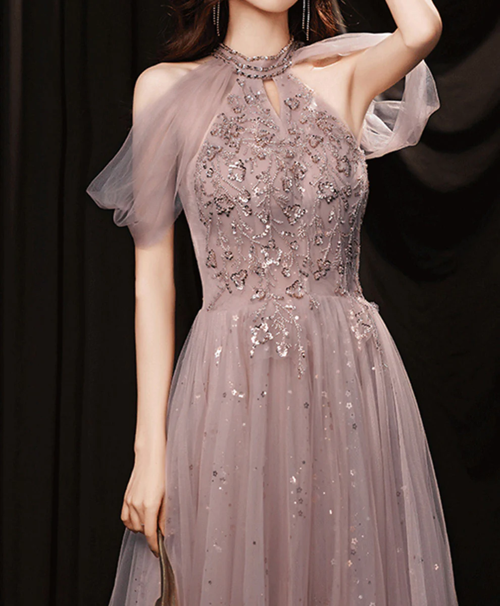 A line Pink Tulle Lace Sequin Long Prom Dress, Pink Formal Graduation Dresses - Deanwangkt