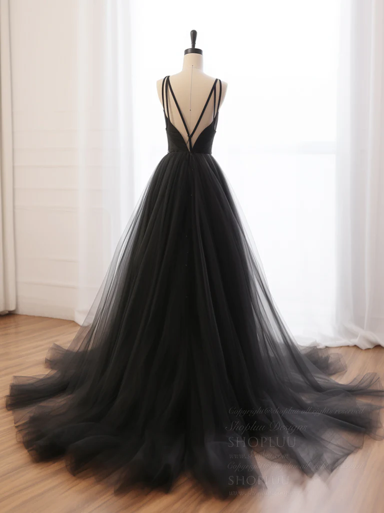 A-Line V Neck Tulle Black Long Prom Dress, Black Long Formal Dress - Deanwangkt