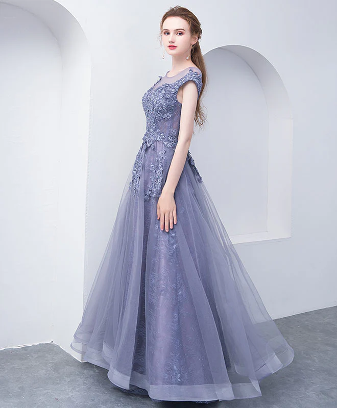 Gray Blue Round Neck Tulle Lace Long Prom Dress, Gray Blue Evening Dress - Deanwangkt
